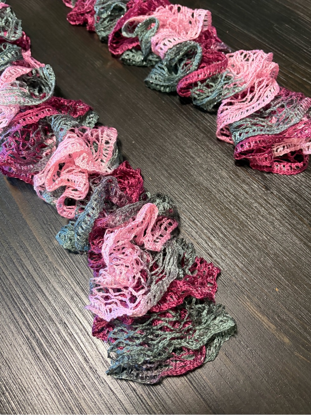 Crochet pink and gray scarf with Shimmer - Picture 4 of 5
